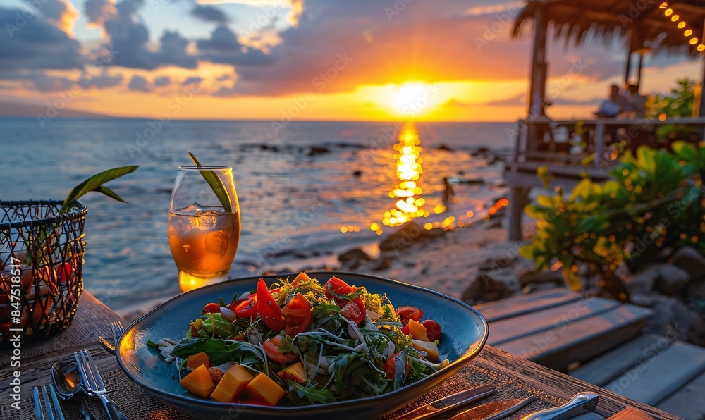 Obraz premium an idyllic dining scene with a deep blue plate of salad at a beachside bar, with the ocean and a beautiful sunset in the distance