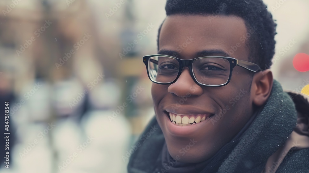 A young unshaven afro american smiling man wearing eyeglasses on the street Outdoor portrait Close up : Generative AI A young unshaven afro american smiling man wearing eyeglasses on the street Outdoor portrait Close up : Generative AI