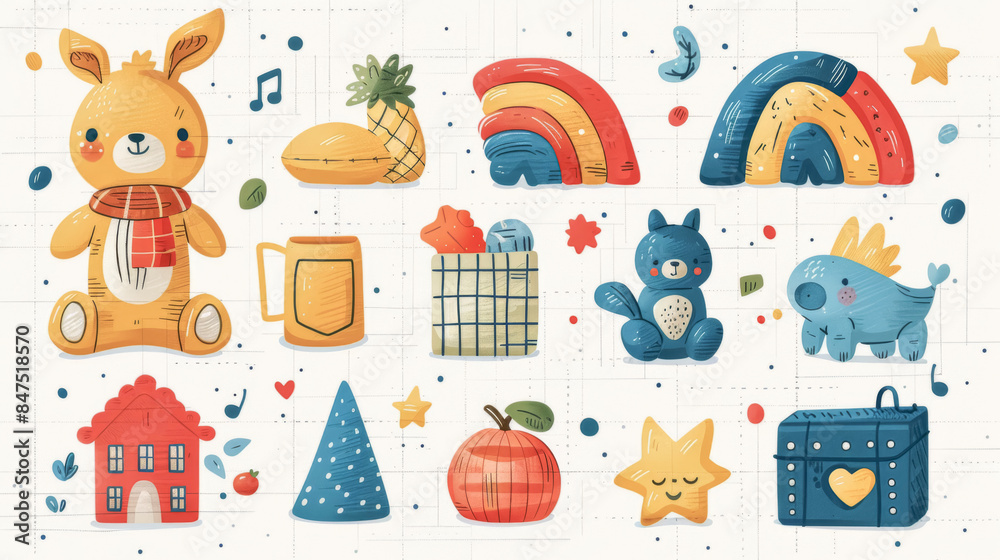 Collection of various baby toys and items, flat design set. Collection of various baby toys and items, flat design set.