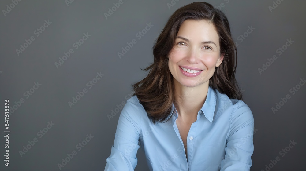 Smiling brunette businesswoman sitting against gray background Confident female professional is wearing blue shirt She is having brown hair Copy space : Generative AI Smiling brunette businesswoman sitting against gray background Confident female professional is wearing blue shirt She is having brown hair Copy space : Generative AI