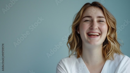 Head shot of happy 30s beautiful woman posing staring at camera Laughing housewife or etutor profile picture millennial generation person natural beauty authentic female close up portr : Generative AI photo