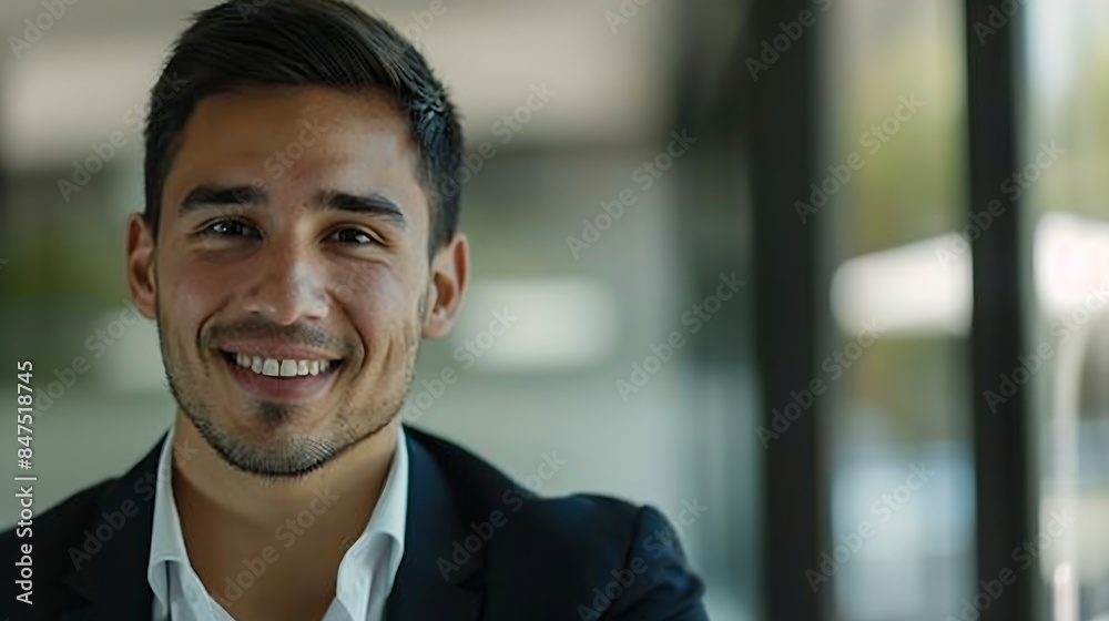 Smiling handsome young business man looking at camera in office headshot close up corporate portrait Happy Latin businessman male entrepreneur professional manager or company employee : Generative AI Smiling handsome young business man looking at camera in office headshot close up corporate portrait Happy Latin businessman male entrepreneur professional manager or company employee : Generative AI