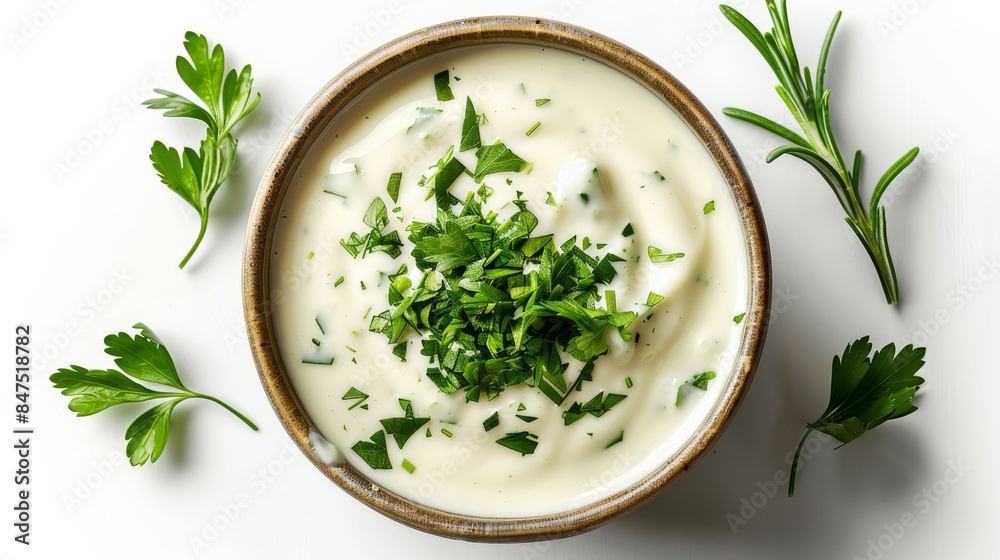 Top view of ranch dressing, rich creamy texture with herb flecks, in a simple bowl, isolated on white, studio lighting for a professional advertisement Top view of ranch dressing, rich creamy texture with herb flecks, in a simple bowl, isolated on white, studio lighting for a professional advertisement