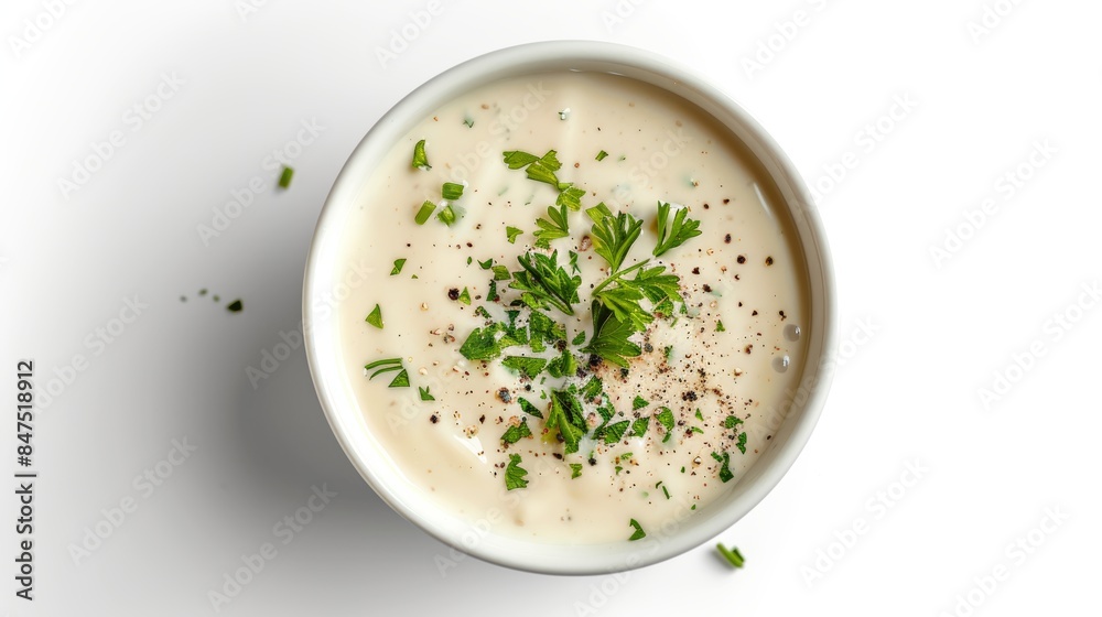 Top view of ranch dressing in a white bowl, creamy texture with visible herbs, isolated on a clean white background, studio lighting highlighting the sauce Top view of ranch dressing in a white bowl, creamy texture with visible herbs, isolated on a clean white background, studio lighting highlighting the sauce