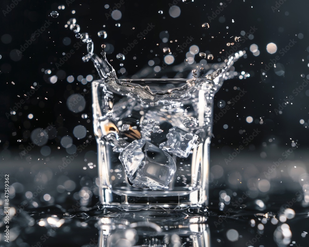 A splash of mineral water in a crystal-clear glass, creating refreshing bubbles and ripples A splash of mineral water in a crystal-clear glass, creating refreshing bubbles and ripples