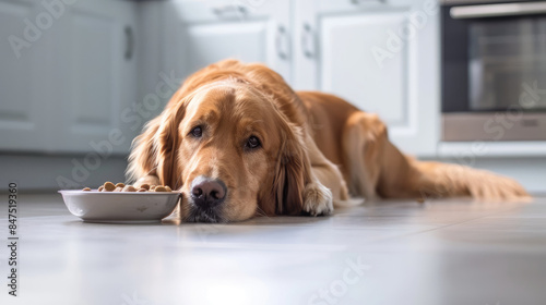 A golden retriever enjoys morning mealtime  lying near its food bowl in the kitchen  a serene and hungry portrait  Ai Generated.