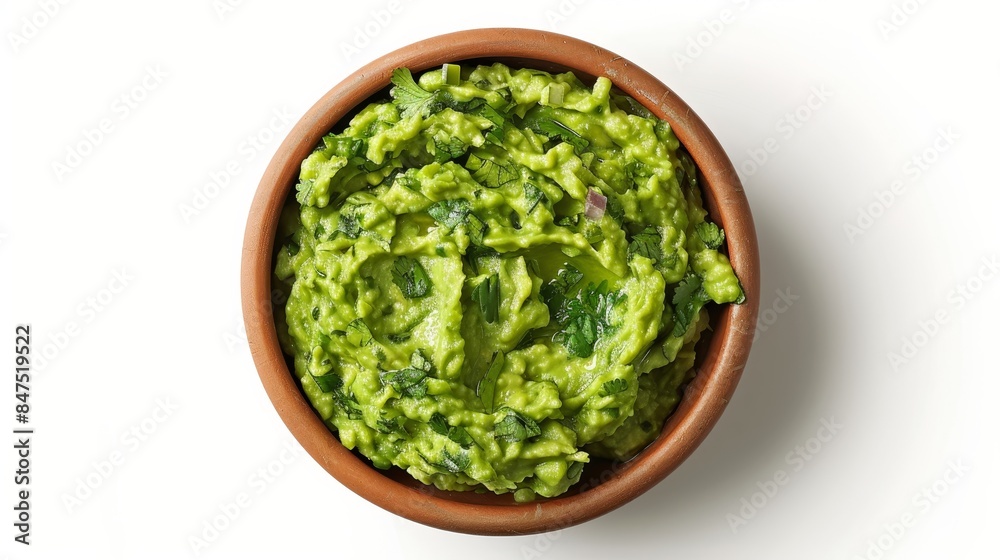 Top view of creamy guacamole, vibrant green with lime juice, cilantro, and onions mixed in, presented in a rustic bowl on a white background Top view of creamy guacamole, vibrant green with lime juice, cilantro, and onions mixed in, presented in a rustic bowl on a white background