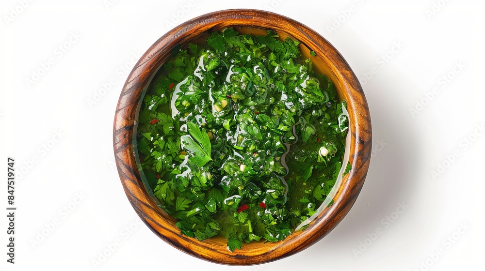 Top view of Chimichurri sauce in a bowl, vibrant green with visible parsley and garlic, isolated on a white background, perfect studio lighting Top view of Chimichurri sauce in a bowl, vibrant green with visible parsley and garlic, isolated on a white background, perfect studio lighting