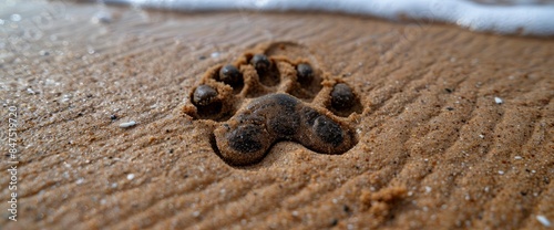 A Clear Dog Paw Print In The Soft Beach Sand, HD