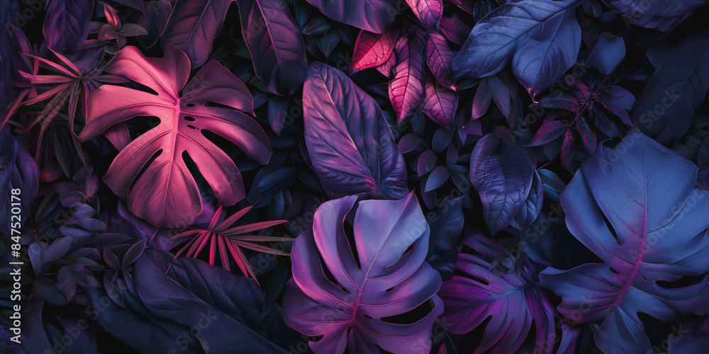 Vibrant neon-colored tropical leaves in a dark background Vibrant neon-colored tropical leaves in a dark background