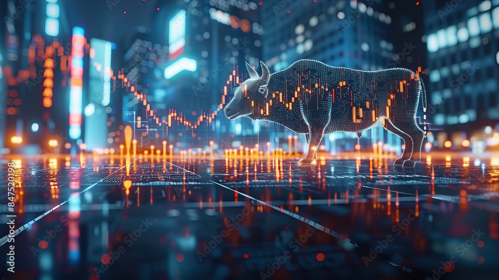 Fototapeta premium wall street, bull, usa flag, stocks price falling down, red stocks candles,generative ai