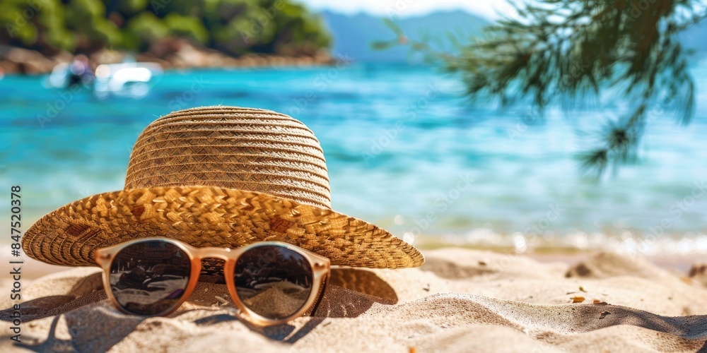 Sunlit beach setting with a straw hat and sunglasses placed on the sand, capturing the essence of a relaxing tropical summer vacation Sunlit beach setting with a straw hat and sunglasses placed on the sand, capturing the essence of a relaxing tropical summer vacation