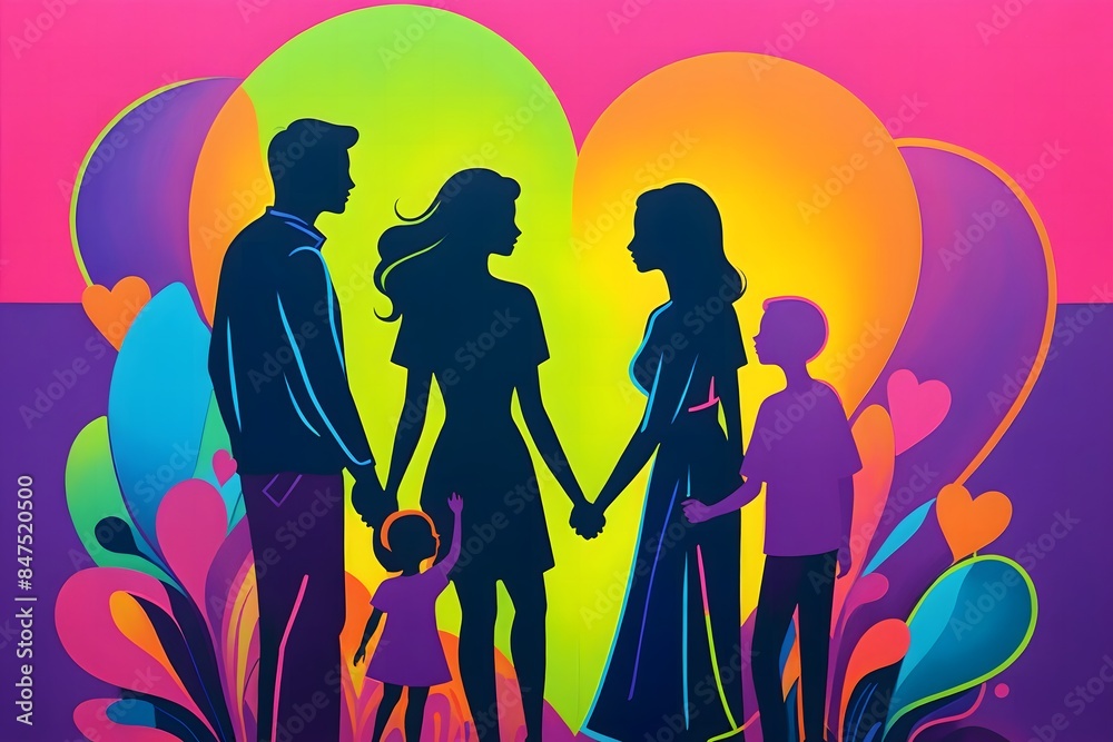 Family Silhouettes with Hearts and Colorful Background. Family Silhouettes with Hearts and Colorful Background.