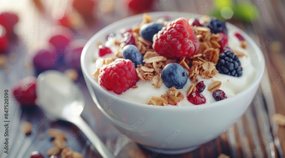 Greek yogurt with berries and granola in a bowl Greek yogurt with berries and granola in a bowl
