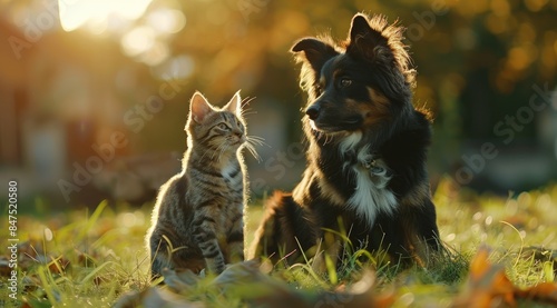 Dog and cat sitting next to each other on the grass, blurred background. photo