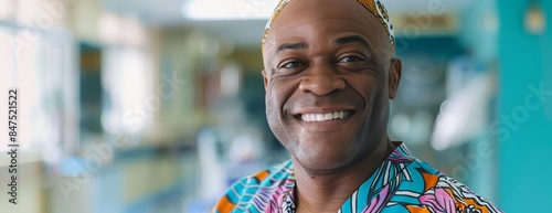 smiling bald African American man with a vibrant headscarf, hospital oncology department, blurred background, uplifting and hopeful mood