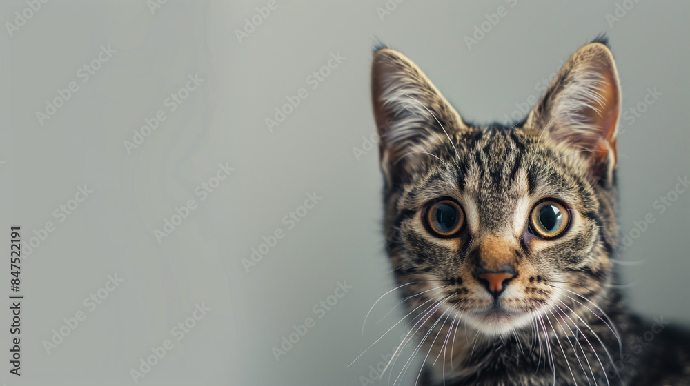 Portrait of cute confused or surprised tabby gray cat isolated on gray background with copy space for text