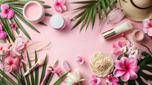 Decorative cosmetics for make-up and sun shadows from tropical leaf on pink background flat lay top view. Eye shadow, red lipstick, makeup brushes. Beauty fashion, summer background. Makeup Products