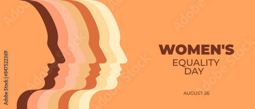 Women's Equality Day. Feminism holiday. Banner with silhouette of a woman's heads in profile. Vector illustration in flat style.