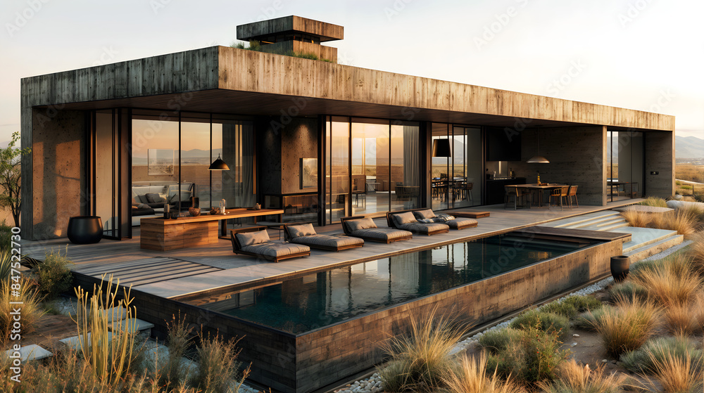 Obraz premium A modern home with large glass windows and a pool. The house has a contemporary design with a mix of concrete and wood materials.