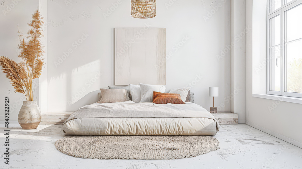 Minimalist bedroom in warm tone with minimal furniture, natural lighting and copy space. Interior design home composition. Minimalist bedroom in warm tone with minimal furniture, natural lighting and copy space. Interior design home composition.