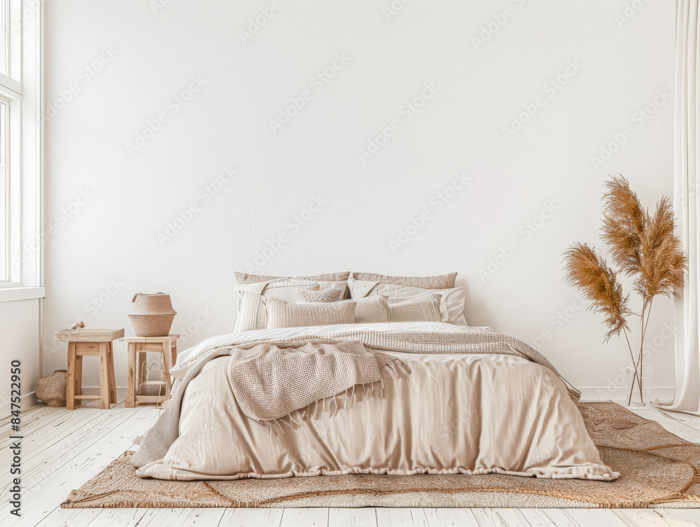 Minimalist bedroom in warm tone with minimal furniture, natural lighting and copy space. Interior design home composition. Minimalist bedroom in warm tone with minimal furniture, natural lighting and copy space. Interior design home composition.