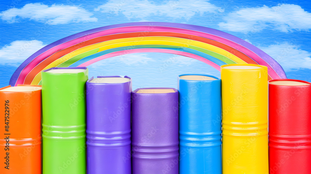 A rainbow of books is displayed in a row, with each book having a different color. The rainbow of books is a symbol of diversity and inclusivity, as it represents the many different perspectives A rainbow of books is displayed in a row, with each book having a different color. The rainbow of books is a symbol of diversity and inclusivity, as it represents the many different perspectives