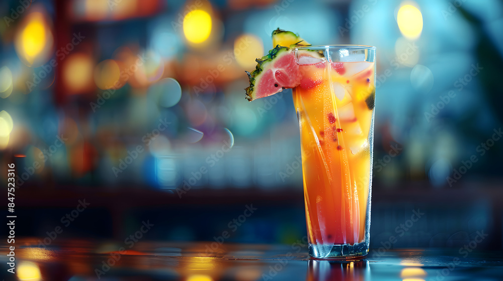 A glass of a colorful drink with a slice of pineapple on top. The drink is served on a bar counter A glass of a colorful drink with a slice of pineapple on top. The drink is served on a bar counter