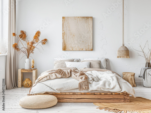 Minimalist bedroom in warm tone with minimal furniture, natural lighting and copy space. Interior design home composition. photo