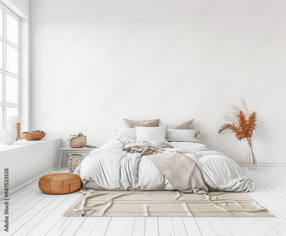 Minimalist bedroom in warm tone with minimal furniture, natural lighting and copy space. Interior design home composition. Minimalist bedroom in warm tone with minimal furniture, natural lighting and copy space. Interior design home composition.