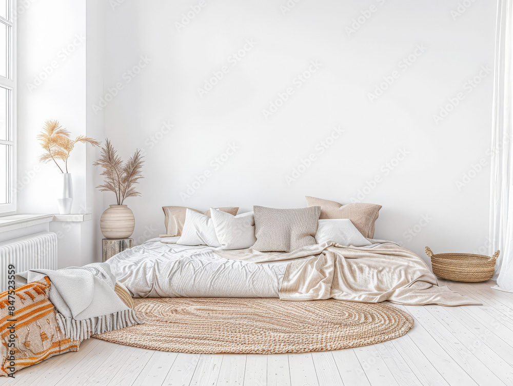 Minimalist bedroom in warm tone with minimal furniture, natural lighting and copy space. Interior design home composition. Minimalist bedroom in warm tone with minimal furniture, natural lighting and copy space. Interior design home composition.