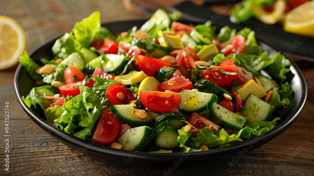 fresh salad in black bowl. variety of greens, including lettuce and spinach, as well as colorful vegetables such as cherry tomatoes, cucumber slices, and what appears to be some yellow bell pepper pie fresh salad in black bowl. variety of greens, including lettuce and spinach, as well as colorful vegetables such as cherry tomatoes, cucumber slices, and what appears to be some yellow bell pepper pie