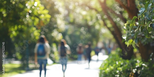 College Campus Walkway Serene blurred background image of students walking and chatting along a tree-lined college campus pathway. 