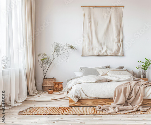 Minimalist bedroom in warm tone with minimal furniture, natural lighting and copy space. Interior design home composition. photo