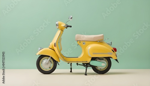 A yellow vintage scooter with a retro design against a mint green background