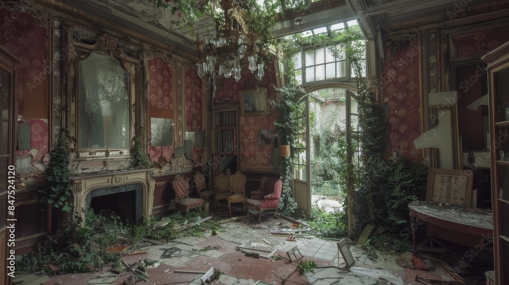 The overgrown ruins of a once-grand mansion, with shattered chandeliers and faded wallpaper, nature slowly reclaiming the opulent space The overgrown ruins of a once-grand mansion, with shattered chandeliers and faded wallpaper, nature slowly reclaiming the opulent space