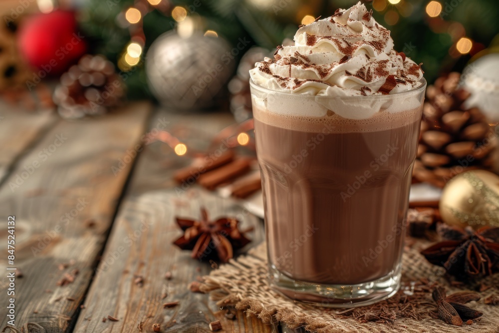 Whipped Cream Topped Hot Chocolate With Cinnamon Stick on Wooden Table in Front of Christmas Tree Whipped Cream Topped Hot Chocolate With Cinnamon Stick on Wooden Table in Front of Christmas Tree
