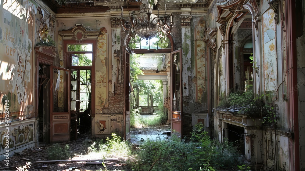 The overgrown ruins of a once-grand mansion, with shattered chandeliers and faded wallpaper, nature slowly reclaiming the opulent space The overgrown ruins of a once-grand mansion, with shattered chandeliers and faded wallpaper, nature slowly reclaiming the opulent space