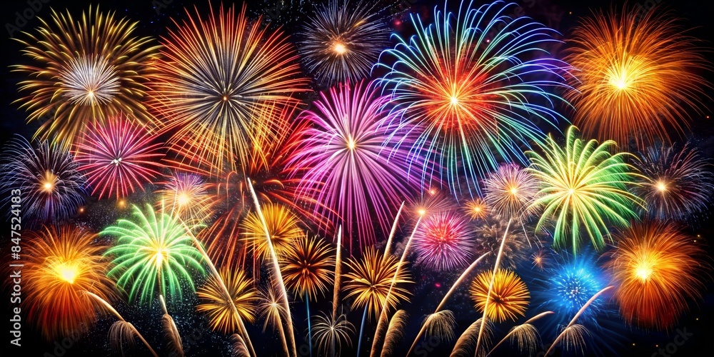 Fototapeta premium Vibrant Explosions: A Symphony of Fireworks. Suitable for: Independence Day celebrations, New Year's Eve events, festive party invitations, holiday-themed designs.