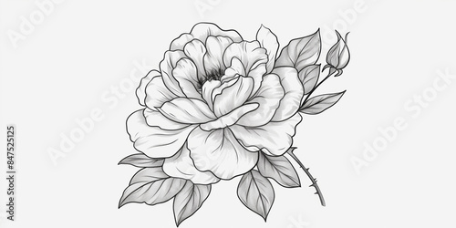 Fototapeta Naklejka Na Ścianę i Meble -  Detailed black and white peony flower drawing