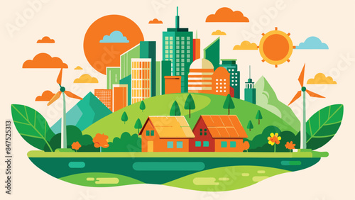 House standing in front of a city dotted with wind turbines. Illustration of a city with wind turbines and a residential building.