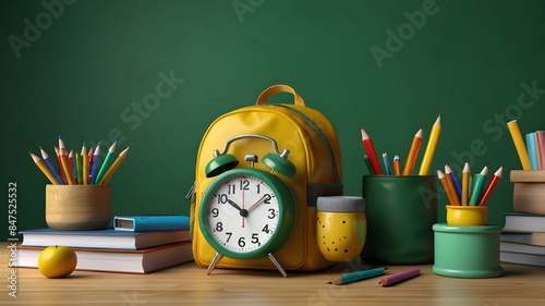 Yellow backpack with alarm clock and school equipment. Back to school concept on green background
