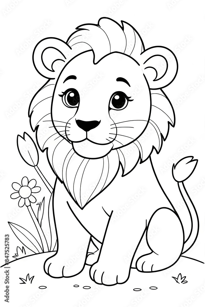 Lion with flowers Kids coloring page book art, line art, black and white illustration Lion with flowers Kids coloring page book art, line art, black and white illustration