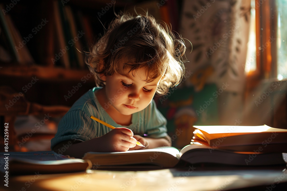 Kid writes in notebook, golden light of afternoon sunbeam Kid writes in notebook, golden light of afternoon sunbeam