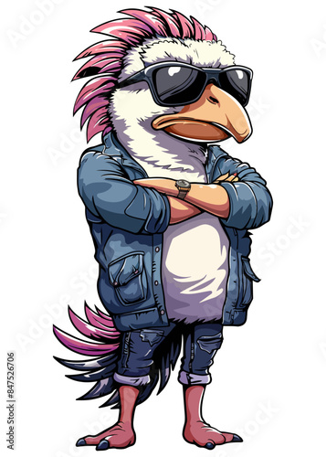 A cartoon character Greater Rhea stands upright, wearing clothes, with arms crossed and aviator sunglasses.