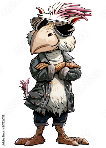 A cartoon character Greater Rhea stands upright, wearing clothes, with arms crossed and aviator sunglasses.