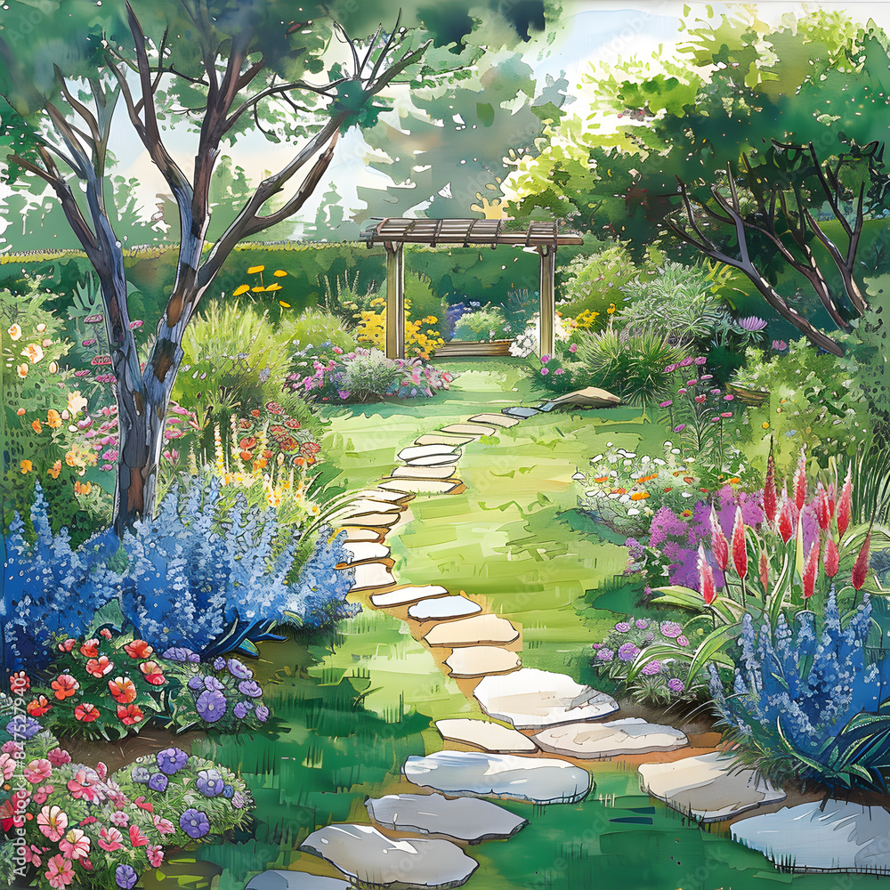 Obraz premium detailed drawing design of a of a colorful of a colorful garden with stone path
