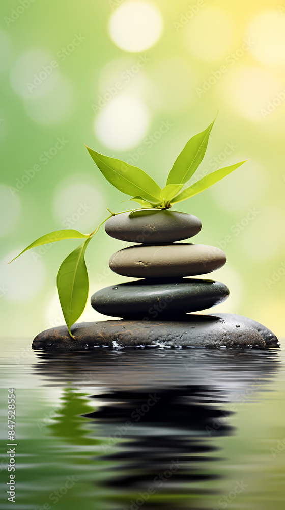 Obraz premium Zen background with stones and green leaves