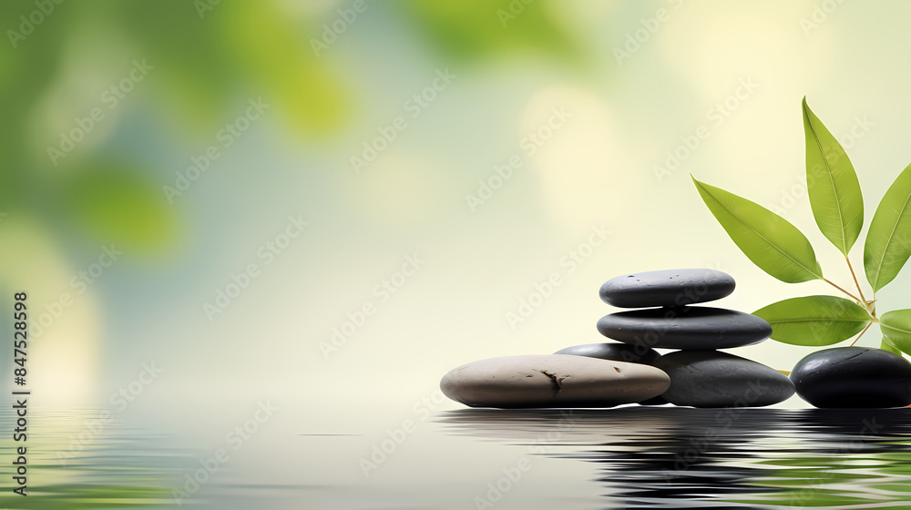Zen background with stones and green leaves