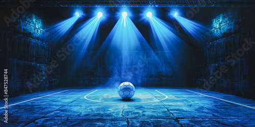 Soccer ball under blue spotlights in dark arena